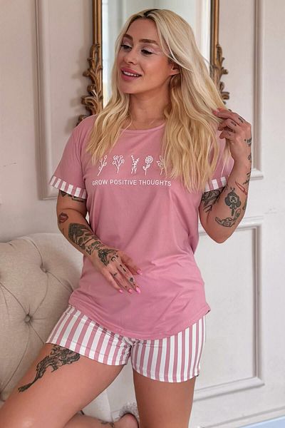 Pijamaevi Powder Positive Patterned Bamboo Short Sleeve Shorts Women's Pajama Set