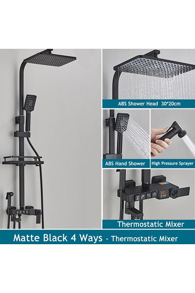 Blackswan Design Shower column, Blackswan, Type M203, matt black model, thermostat, LCD display, pressure shower, 116 cm