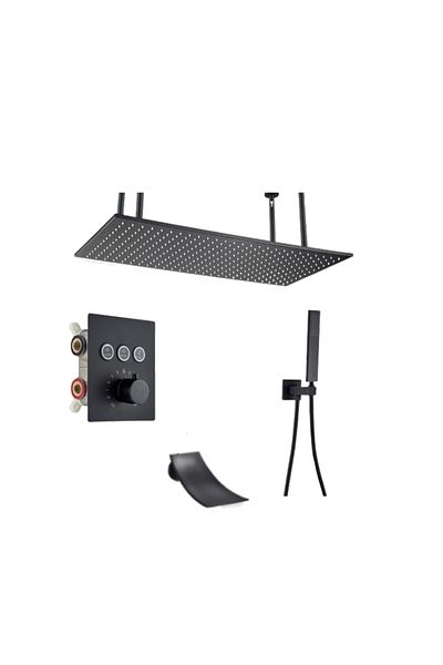 Blackswan Design Shower mixer set, Blackswan, Type M159, matt black, thermostat, waterfall spout, ceiling mounting, 80 cm