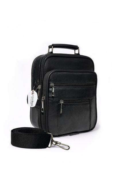 westbag Men's Black Steel Case Genuine Leather Hand and Shoulder Bag Large Size with Adjustable Strap