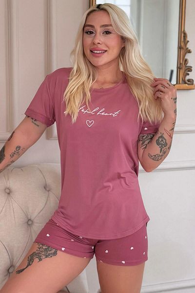 Pijamaevi Powder Grateful Heart Patterned Bamboo Short Sleeve Women's Shorts Pajama Set