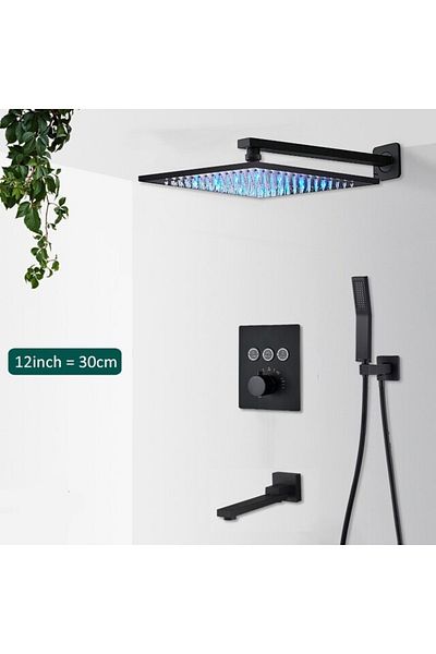 Blackswan Design Shower mixer set, Blackswan, Type M153, black, 3-way, LED lighting, thermostat, mobile spout, 30 cm