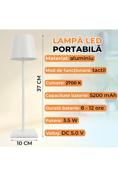 Echo Soul Lampa de masa touch led incarcabila Echo Soul®️,functie de schimbare a intesitatii, Alba