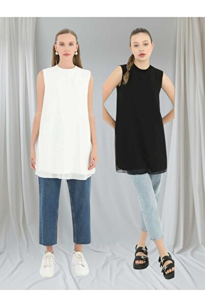 Puane Women's Ecru and Black 2 Piece Set Sleeveless Front Chiffon Detailed Tunic Underwear