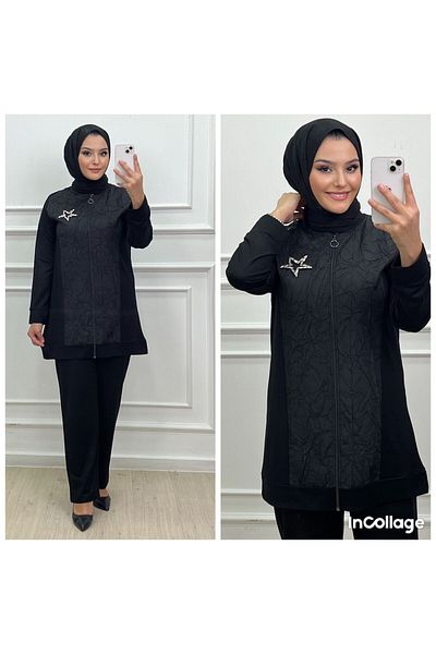 QUAWEAR Crew Neck Star Badge Parachute Fabric Detailed Zippered Tunic and Trousers Double Set
