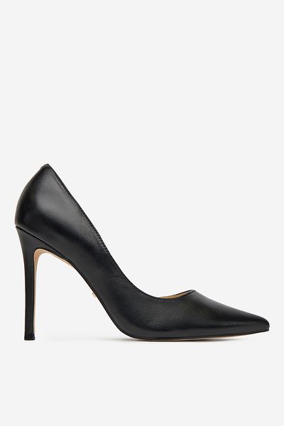 DeeZee Pantofi cu toc stiletto negru pentru femei, din piele, cu vârf ascuțit și talpă joasă, 37