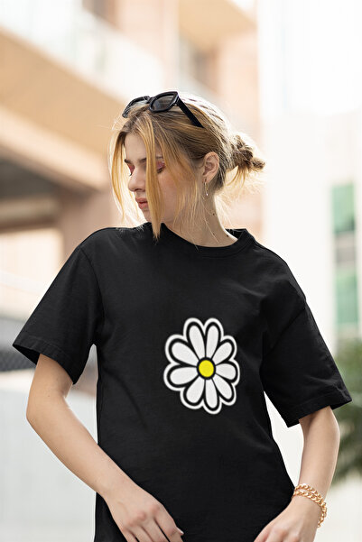 MG تي شيرت نسائي من القطن برقبة دائرية ومطبوع عليه ديزي مقاس كبير وأكمام قصيرة