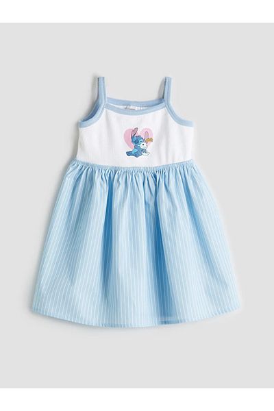 LC Waikiki Lcw Kids Blue Stitch Printed Ruffle Girl Dress