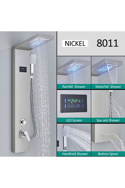 Blackswan Design Panel dus, Blackswan, Tip M8011, nichel, pipa tip cascada, afisaj digital, LED, functii SPA, 114 cm