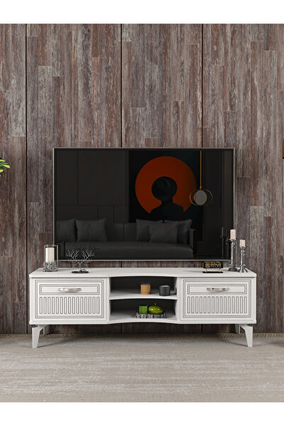 GOLDFALEZ Tv Sehpası Tv Ünitesi Vera Beyaz Çizgili 5053