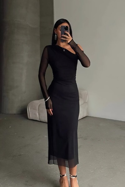 Varyete فستان سهرة نسائي شفاف بأكمام من التول مبطن مكشوف الكتفين