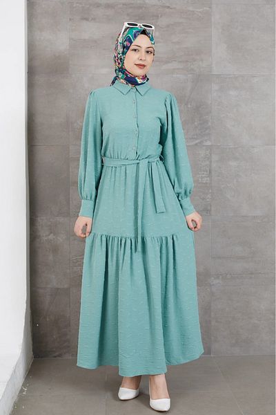 DAS KLEID Shirt Collar Belted Dress Water Green