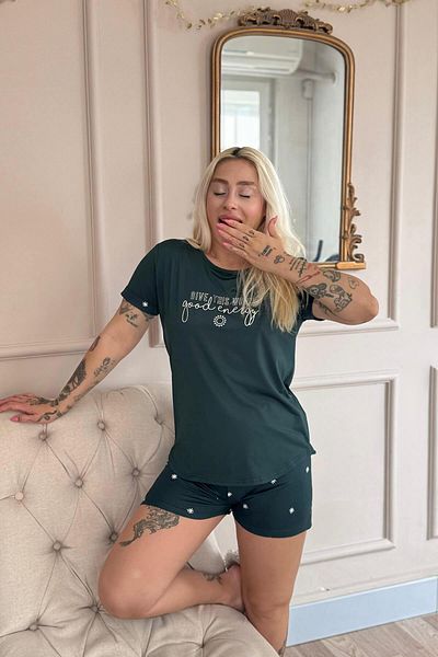 Pijamaevi Emerald Good Energy Patterned Bamboo Short Sleeve Women's Shorts Pajamas Set