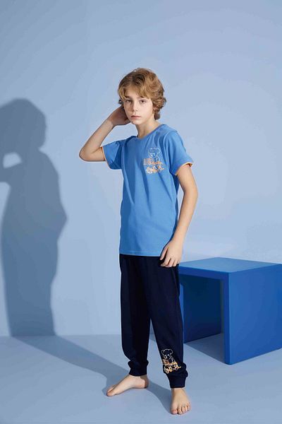 Tarık Tricou pentru băiat, cu fund lung, din bumbac pieptănat, cu decolteu, set de pijamale de grosime medie-3928