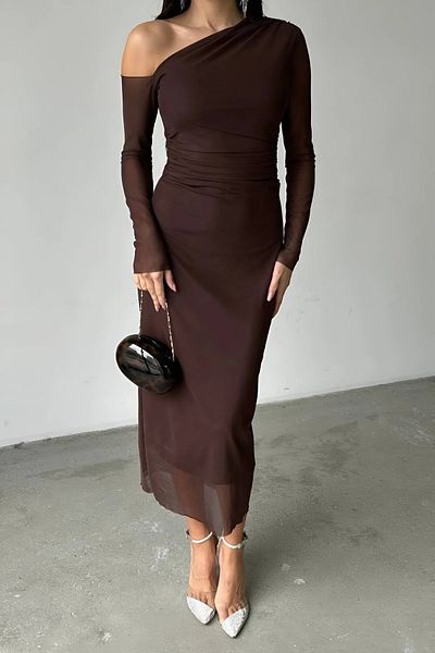 Varyete Women's Sheer Tulle Sleeves Lined Off-The-Shoulder Draped Midi Evening Dress