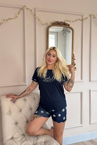 Pijamaevi Navy Blue Smile Everyday Patterned Bamboo Short Sleeve Women's Shorts Pajama Set