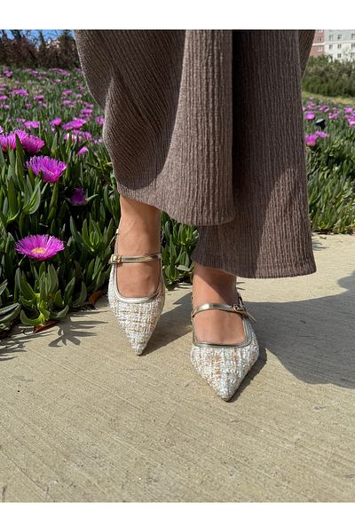 BURCU COLLECTİON Carmen Pointed Toe Belt Detailed Short Heeled Colorful Tweed Women's Ballerinas