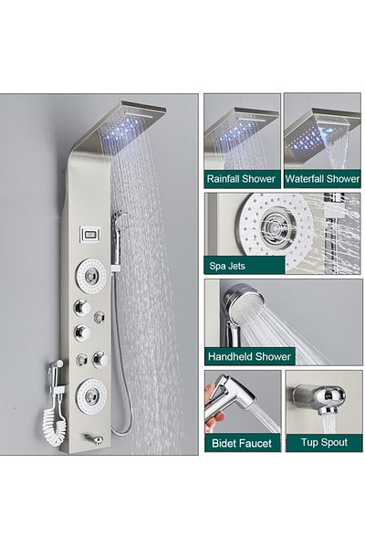 Blackswan Design Panel dus, Blackswan, Tip M8006, nichel, afisaj digital, LED si functii SPA, dus bideu, 120 cm