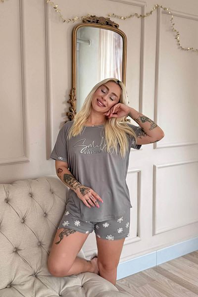 Pijamaevi Gray Smile Everyday Patterned Bamboo Short Sleeve Women's Shorts Pajama Set