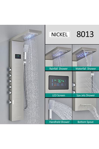 Blackswan Design Panel dus, Blackswan, Tip M8013, nichel, pipa tip cascada, afisaj digital, LED, functii SPA, 114 cm