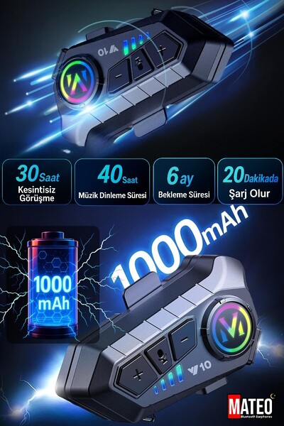 MATEO Kask İçi Kulaklık İntercom | RGB Işıklı | Mikrofon | Gürültü Engelleme | Tüm Kasklara Uyumlu