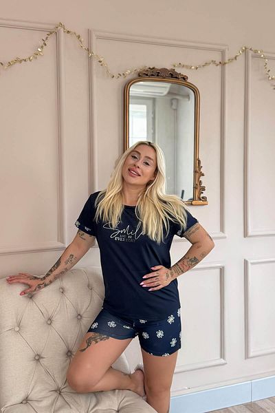Pijamaevi Navy Blue Smile Everyday Patterned Bamboo Short Sleeve Women's Shorts Pajama Set