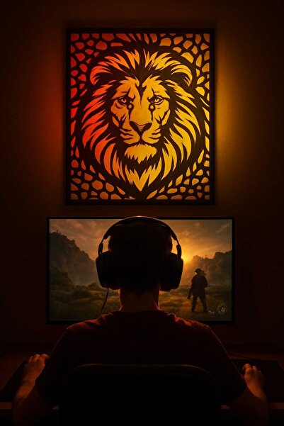 OYART&DESIGN Sarı Kırmızı Aslan Led Duvar Tablosu Duvar Süsü Duvar Dekoru Ev Dekorasyon