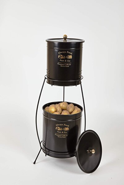 Doğa Dizayn 2 Katlı Metal Patates Soğan Kovası - Sebzelik - Patates Soğanlık Sepeti Ekonomik Boy Siyah Gold Kulp