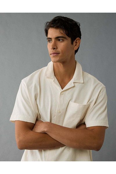 AMERICAN EAGLE AE Jacquard Textured Button-Up Polo Shirt