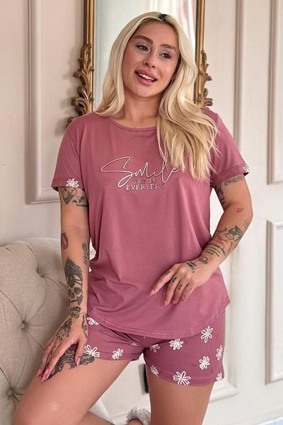 Pijamaevi Powder Smile Everyday Patterned Bamboo Short Sleeve Women's Shorts Pajama Set