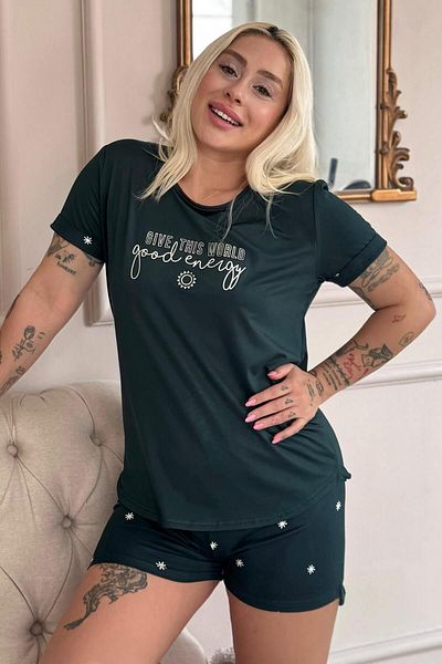 Pijamaevi Emerald Good Energy Patterned Bamboo Short Sleeve Women's Shorts Pajamas Set