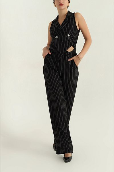 Secret Passion Lingerie Black Pocketed Jacquard Collar Women's Jumpsuit