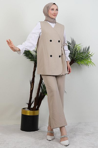 GİYZAMİLA Four Button Vest Suit Beige