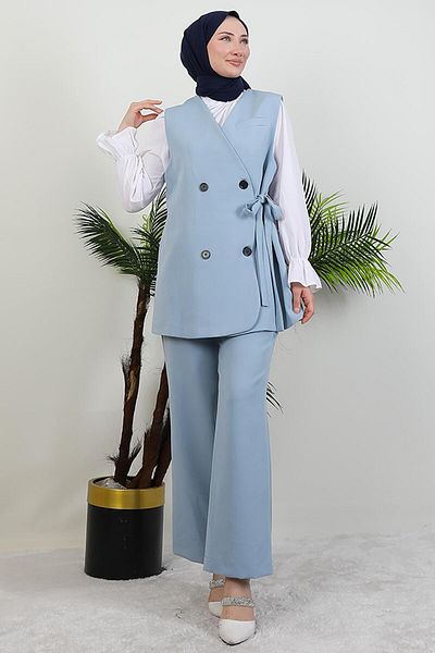 GİYZAMİLA Four Button Vest Suit Baby Blue