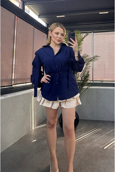 MİR STORE Lacivert Tasarım Bağlama Detaylı Gofre Kumaş Gömlek