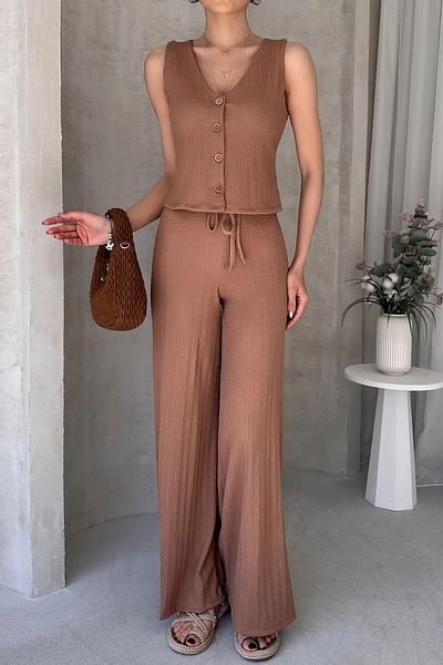 bacc Brown V-Neck Buttoned Vest and Pants Set Bcdf-252190-1