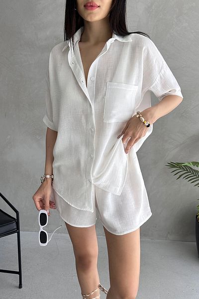 bacc White Aerobin Linen Short Sleeve Shirt and Shorts Bottom Top Set Bcdf-253608