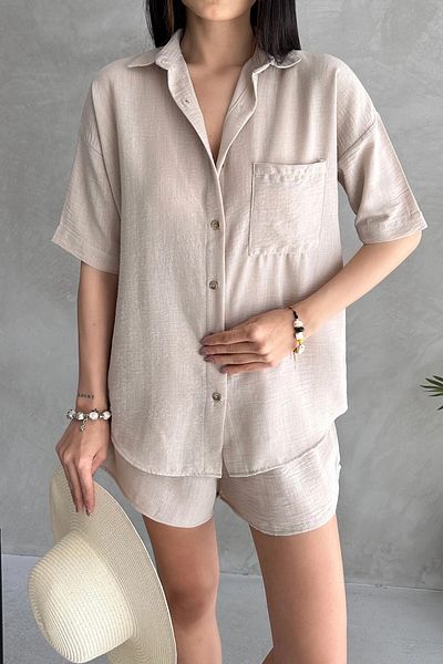 bacc Beige Aerobin Linen Short Sleeve Shirt and Shorts Bottom Top Set Bcdf-253608
