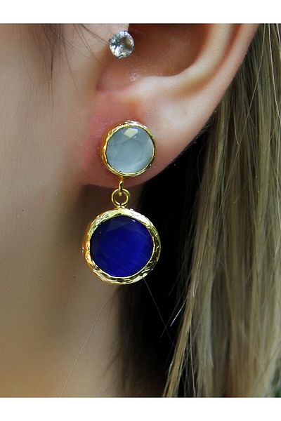 esha Double Round Model Cat's Eye Glass Gold Plated Women's Earrings Euku25Bm
