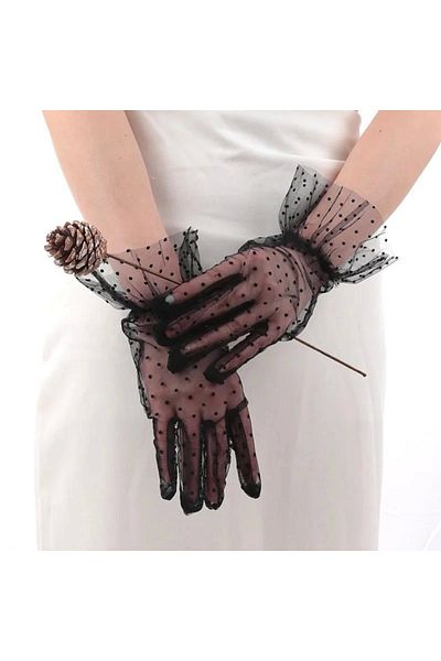 hunner Short Laced Black Polka Dot Tulle Gloves