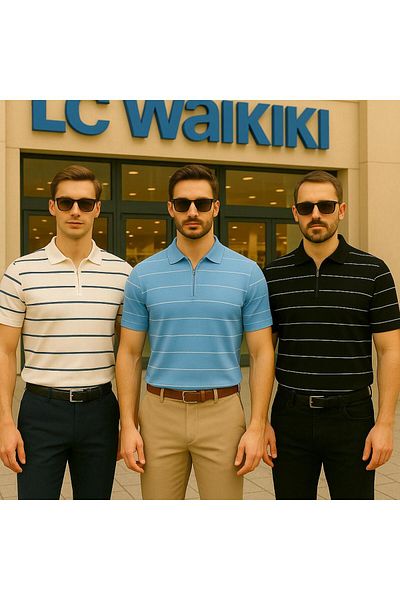 LC Waikiki Advantageous Pack of 3 Polo Collar Zippered Striped Short Sleeve Men's Summer Knitwear T-Shirt / T-Shirt