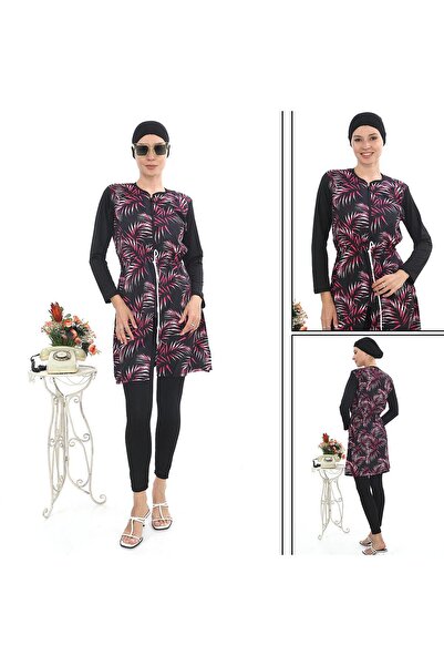 EB beachwear Pink Leaf Patterned Water Repellent Parachute Fabric Turtleneck Swimsuit