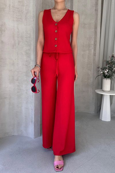 bacc Red V-Neck Buttoned Vest and Pants Set Bcdf-252190-1