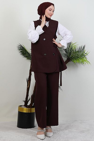 GİYZAMİLA Four Button Vest Suit Plum