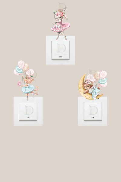 KT Decor Ballerina Rabbits 3-Piece Socket Sticker Set