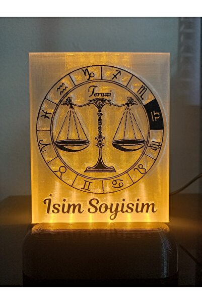Terazi Burcu Kişiye Özel Isimli Hediyelik Dekoratif Led Lamba - Kablolu Adaptörlü - Amber Işıklı