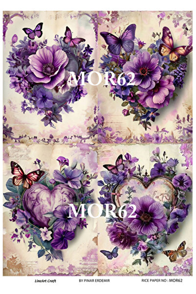 LİNEART Mor Serisi MOR62 Kalp, Kelebek, Çiçek Desenli 29*42 cm Pirinç Dekopaj