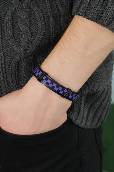 NEZADE STORE Purple Color Checkered Leather Men's Bracelet
