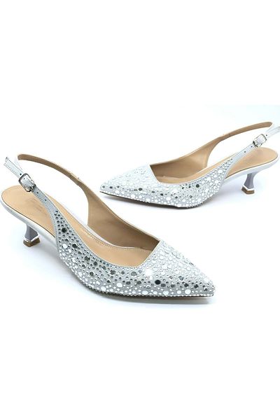 KCMN Feles Candy Heel Stone Detailed Open Back Stiletto Women's Heeled Shoes Silver