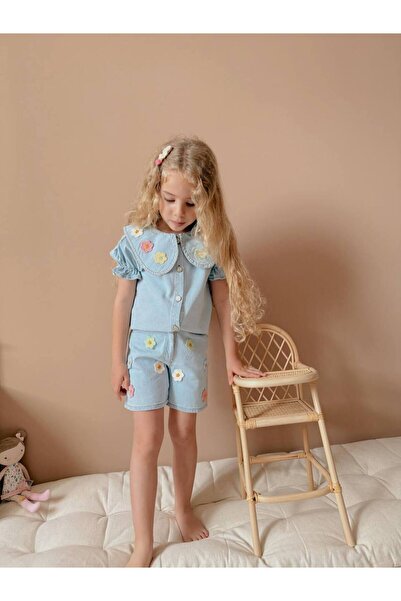 lesa kids wear طقم بناتي مع شورت جينز زهري